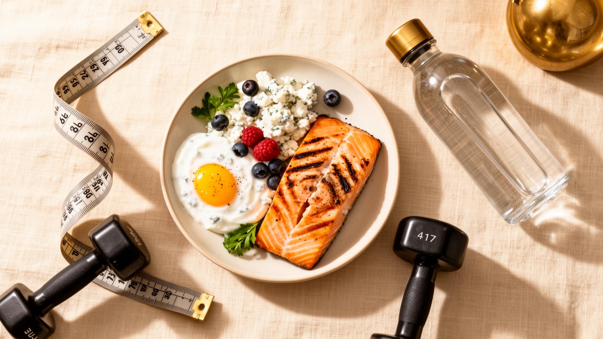 High protein meal with salmon, eggs, and berries plus dumbbells and a water bottle
