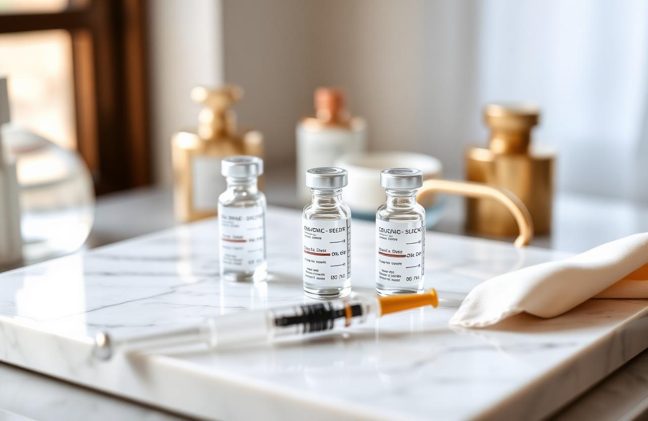 Neuromodulator vials and syringe on marble at Body Tonic RX Austin