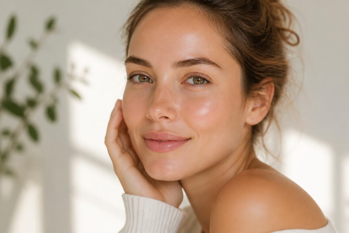 Woman with clear, glowing skin illustrating the functional medicine skin check — thyroid, gut, hormone, and stress markers reflected in the skin