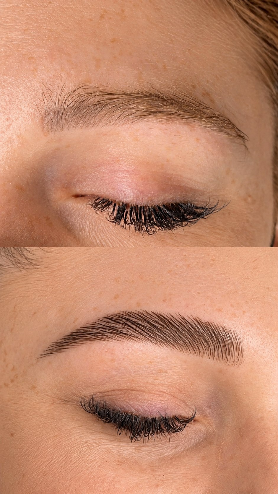 Before and after of a client's eyebrow at Body Tonic RX in Bee Cave near Austin: the top shows sparse natural brow hair, the bottom shows full, defined hair strokes from nano brow permanent makeup