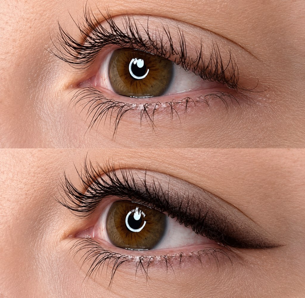 Before and after close-up of a client's eye at Body Tonic RX in Bee Cave near Austin: the top shows a bare natural lash line, the bottom shows a defined lash line with a soft wing from permanent eyeliner
