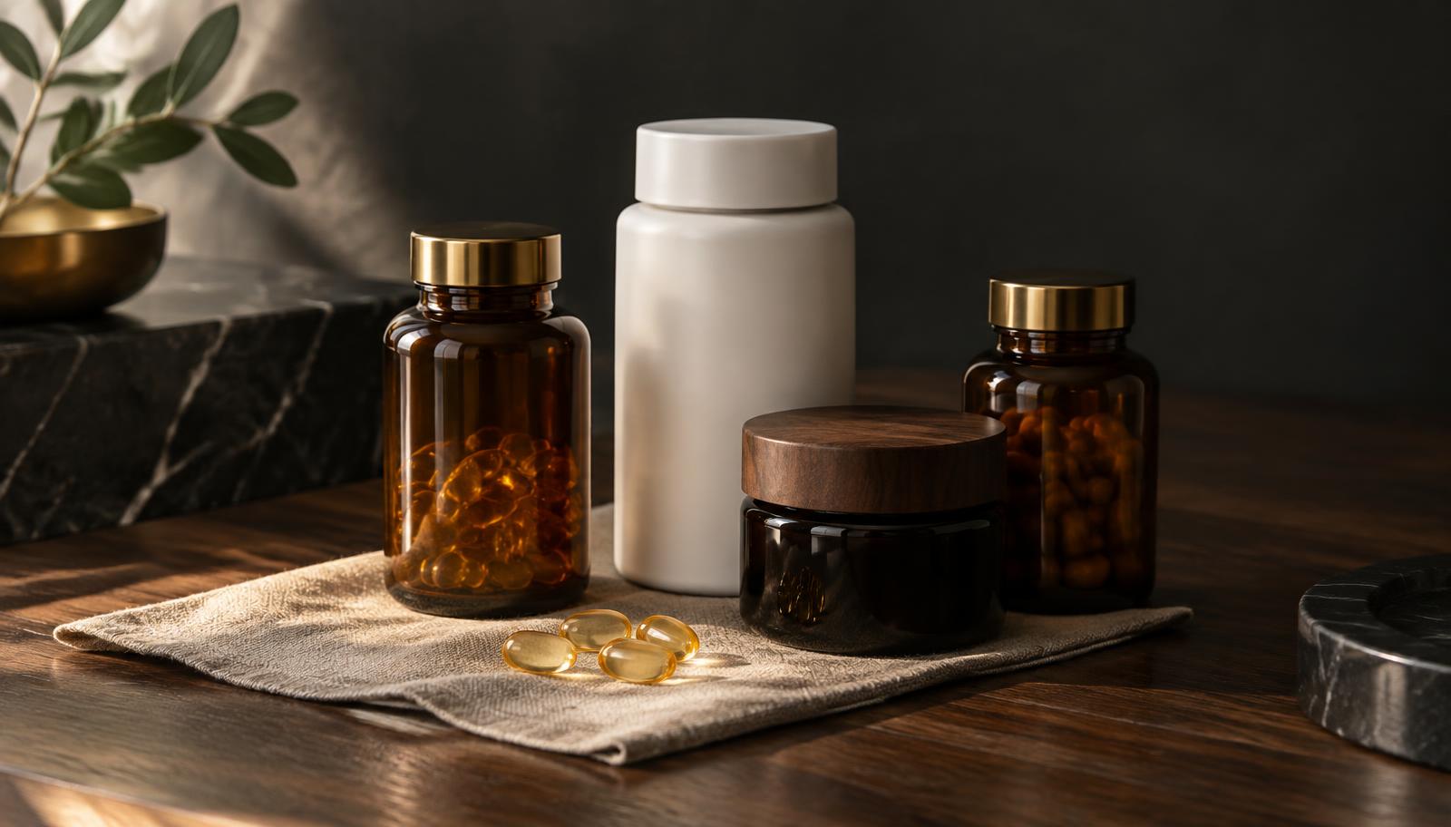 Amber glass and matte white supplement bottles arranged on a dark walnut surface, photographed for Body Tonic RX in Austin, Texas